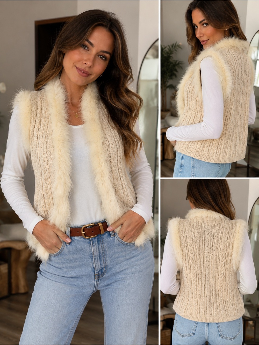 Shyanne Cream Knit Vest with Faux Fur Trim